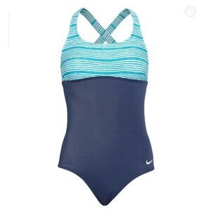 NIKE Womens size Medium Heather Stripe Cross Back One Piece Swimsuit Oracle Aqua